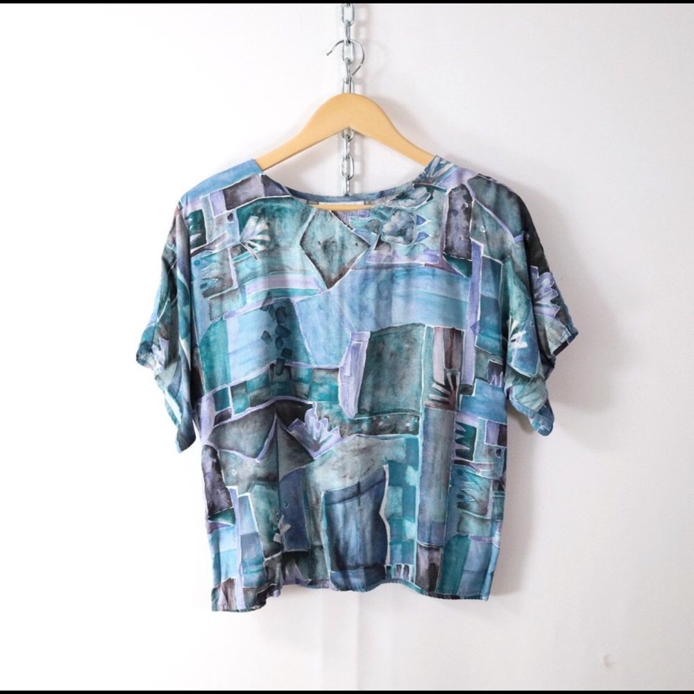 vintage 80s 90s blue print rayon tee S top retro
